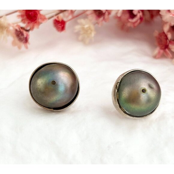Jewelry - Iridescent Stoned Round Cut Bezel Set Vintage Sterling Silver 925 Stud Earrings